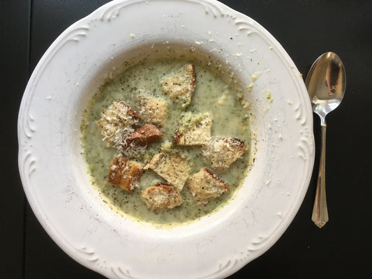 SEARED BROCCOLI AND GOAT CHEDDAR SOUP with PARMESAN CROUTONS